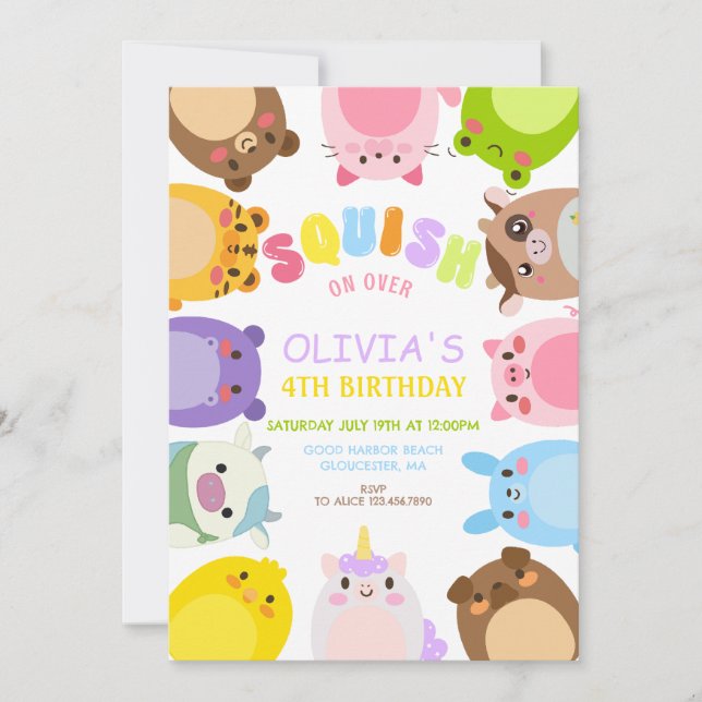 Convite Animals Squish On Over rainbow  Birthday party (Frente)