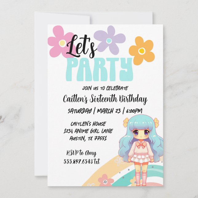Convite Anime Birthday Rapariga Azul Rosa Fresco, Retro Co (Frente)