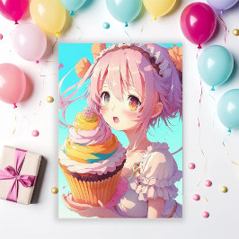 Convite Anime Girl com Festa de aniversário Cupcake