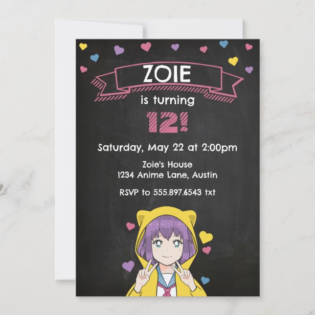 Convite Anime Girl Peace Hearts Birthday (Frente)