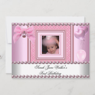 Convite Aniversariante de 1 ano Menina Rosa Pérola Branca