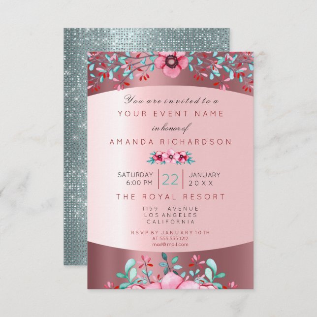 Convite Aniversário 16º Bridal Floral Rosa-Rosa-Rosa Aqua  (Frente/Verso)