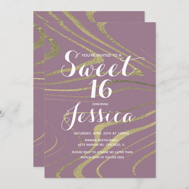 Convite Aniversário 16 anos | Quince Marble Violet Faux Ze (Frente/Verso)