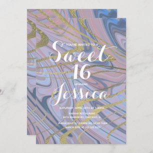 Convite Aniversário 16 anos  Rosa Azul Líquido de Marble