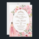 Convite Aniversário 16 Pano Floral Cor-de-Água Esbranquiça<br><div class="desc">Flores cor-de-água cor-de-rosa e uma garota com um lindo vestido. 

Verifique o compro para este convite com garotas com diferentes cores de cabelo,  tons de pele e mais variações.</div>