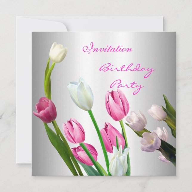 Convite Aniversário 50º Elegante Rosa & Branco Tul (Frente)