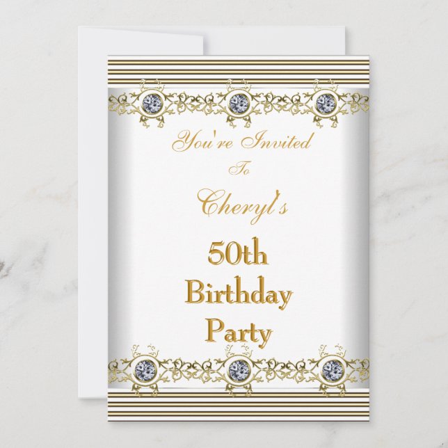 Convite Aniversário 50 Anos Branco Prata Dourado (Frente)