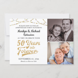 Convite Aniversário 50 ANOS PARA O FUTURO Dourado Retro