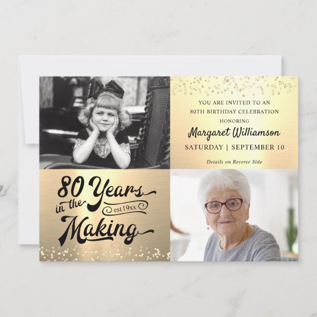 Convite Aniversário 80 Anos no Fazer 2 Fotos Douradas (Frente)