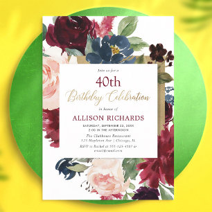 Convite Aniversário Adulto Floral Dourado Rosa Borgonha