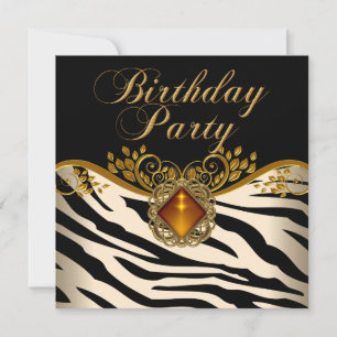 Convite Aniversário Ámbar Preto Dourado Caramelo Zebra Ele
