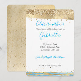 Convite Aniversário Animal Glitter Aqua Azul Dourado Confe