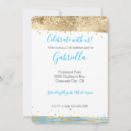 Convite Aniversário Animal Glitter Aqua Azul Dourado Confe