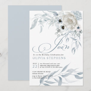 Convite Aniversário Aquarela Azul Pálido Dusty Floral