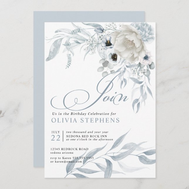 Convite Aniversário Aquarela Azul Pálido Dusty Floral (Frente/Verso)