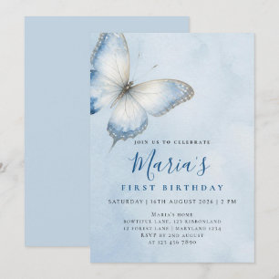 Convite Aniversário Aquarela Borboleta Azul Elegante Perso