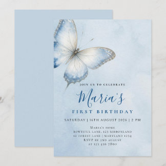 Convite Aniversário Aquarela Borboleta Azul Elegante Perso