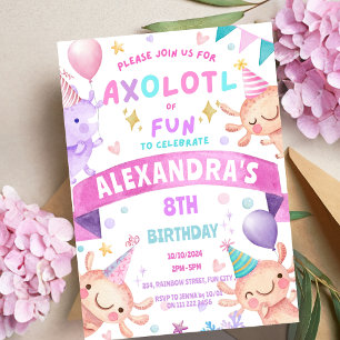 Convite Aniversário Aquático da Menina Rosa Axolotl Salama