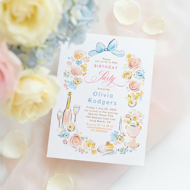 Convite Aniversário Arco Coquete Desenho à Mão Floral Capr (Whimsical Bow and Pastel Flowers Birthday Invitation)