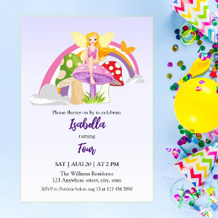 Convite Aniversário Arco-íris Cogumelo Fada Meninas