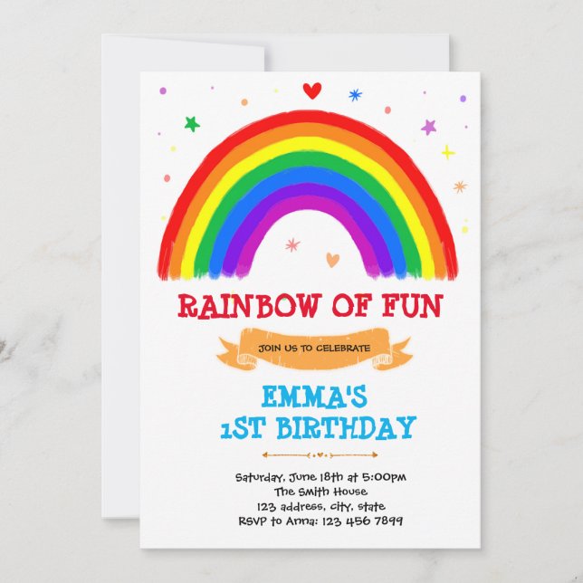 Convite aniversário arco-íris de cores primárias (Frente)