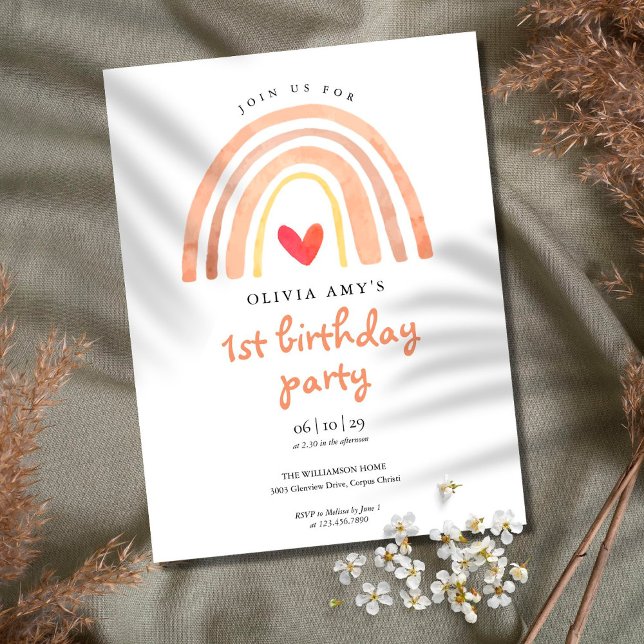 Convite Aniversário Arco-Íris e Coração em Aquarela Boho (Criador carregado)