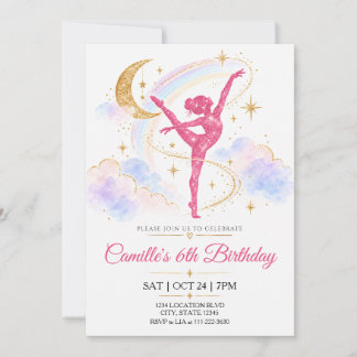 Convite Aniversário Arco-Íris Pastel Ginasta Brilho Rosa