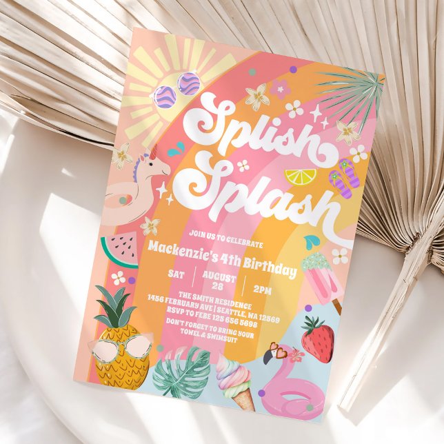 Convite Aniversário Arco-íris Sol de Verão Splish Splash (Criador carregado)