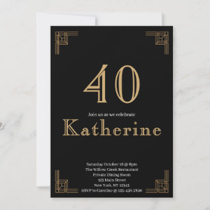 Convite Aniversário Art Deco Preto Dourado Rugindo 20