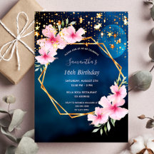 Aniversário azul céu estrelado ouro geo-rosa flora