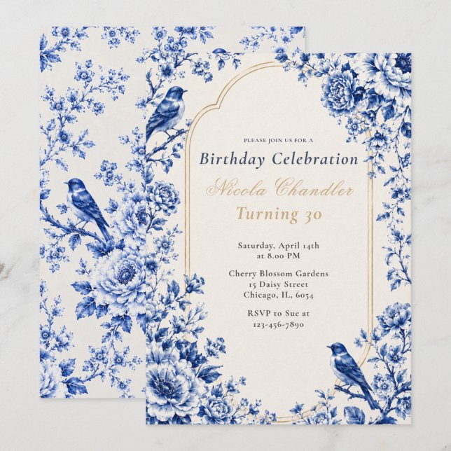 Convite Aniversário Azul Chinoiserie (Frente/Verso)