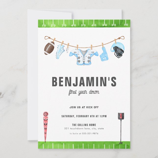 Convite Aniversário Azul De Futebol No Primeiro Ano Em 11  (Frente)