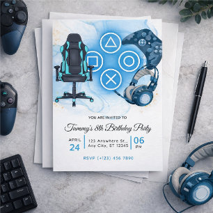 Convite Aniversário azul de videogame