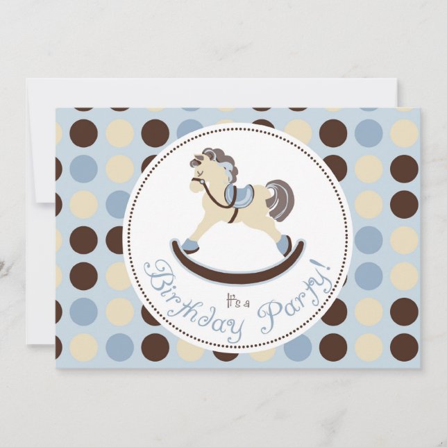 Convite Aniversário azul do cavalo de balanço (Frente)