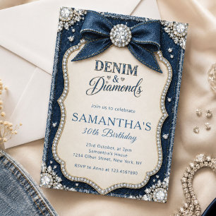 Convite Aniversário Azul Elegante de Jeans e Diamantes