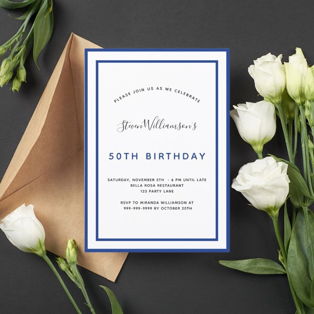 Convite Aniversário azul marinho branco minimalista homens (Criador carregado)