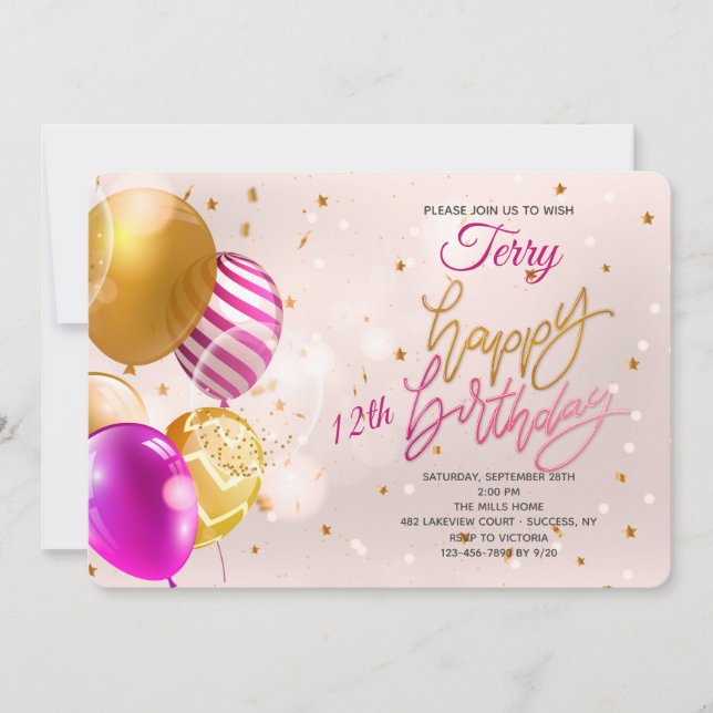 Convite Aniversário Balões Rosa (Frente)