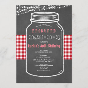 Convite Aniversário BARBEQUE Mason Jar Red Gingham Convit