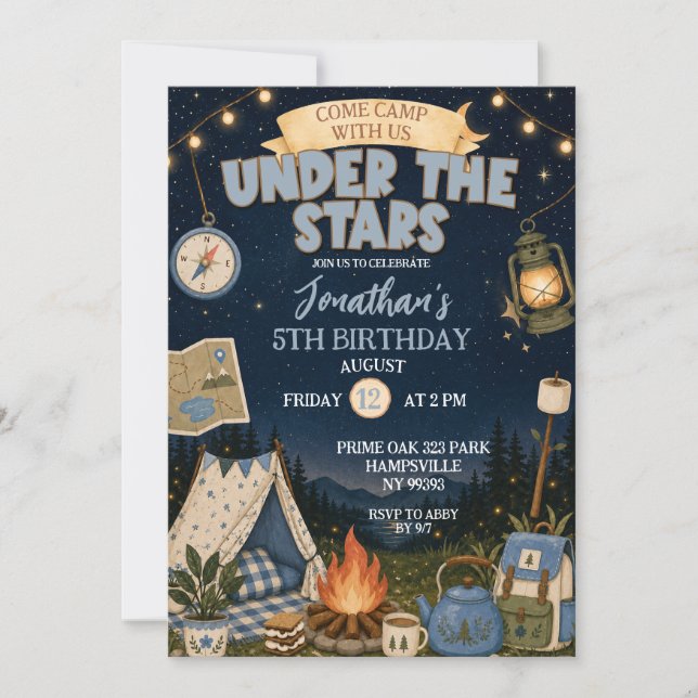 Convite Aniversário Blue Camp Under The Stars (Frente)