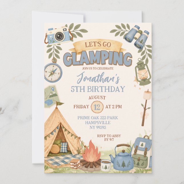 Convite Aniversário Blue Let's Go Glamping (Frente)