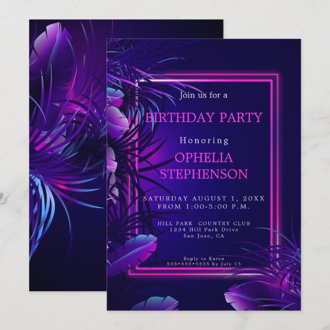 Convite Aniversário | Bold Tropical Neon Birthday (Frente/Verso)