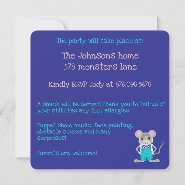 Convite Aniversário bonito e elegante do rato (Verso)