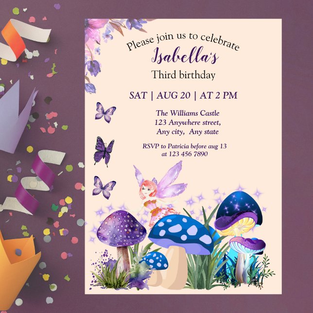 Convite Aniversário Borboleta Cogumelo Roxo Fada Meninas (Criador carregado)