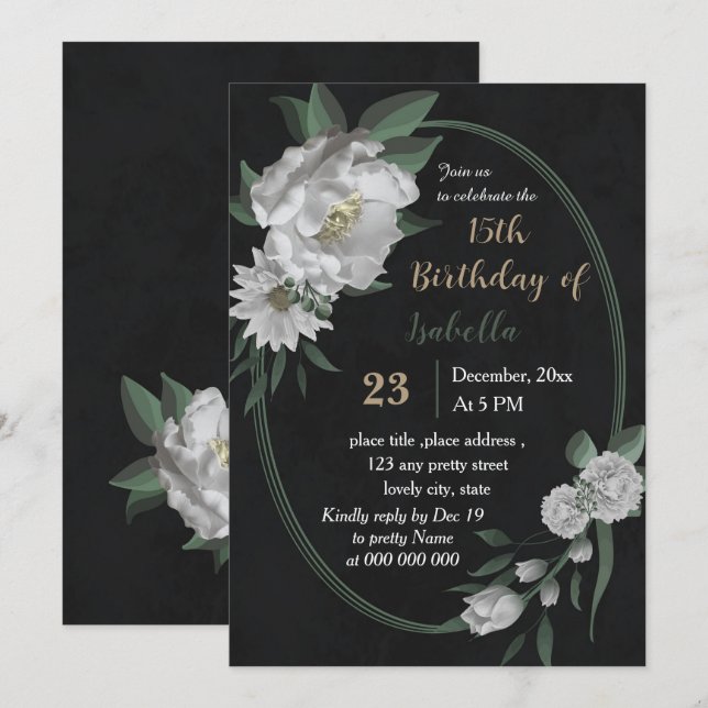 Convite aniversário botânico das flores brancas românticas (Frente/Verso)