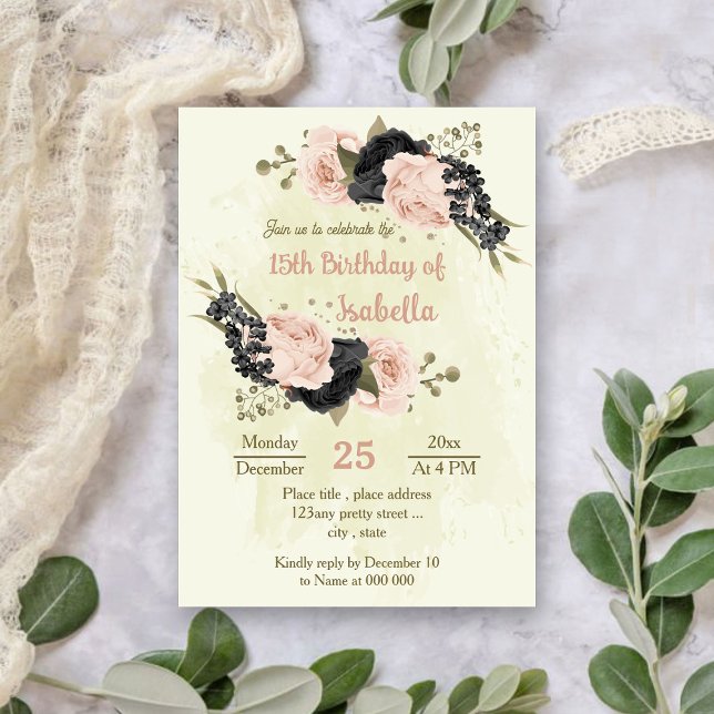 Convite aniversário botânico das flores rosas pretas (Criador carregado)