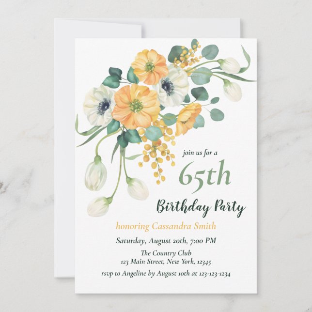 Convite Aniversário Botânico de Anêmona primavera Laranja  (Frente)