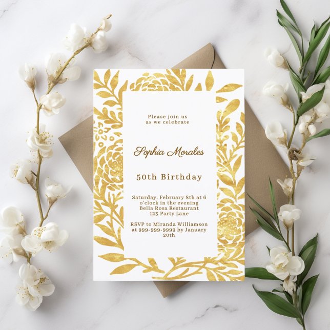 Convite Aniversário botânico dourado branco (Criador carregado)