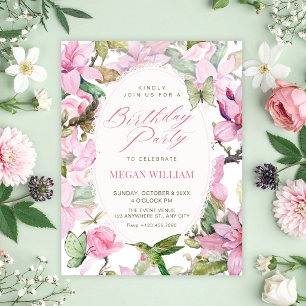 Convite Aniversário botânico floral rosa da natureza