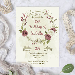 Convite aniversário botânico poeirento rosa de flores bran