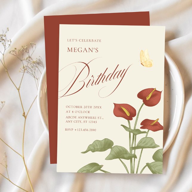 Convite Aniversário botânico vermelho-vivo (Criador carregado)